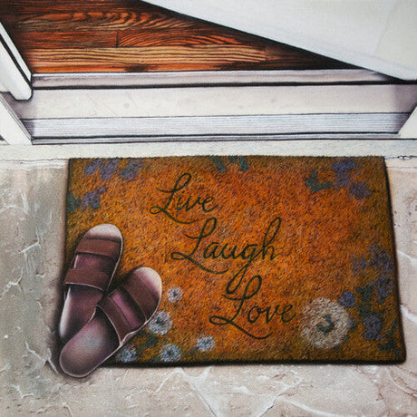 Close-up of Live Laugh Love doormat with slippers by a doorstep for warm home vibes