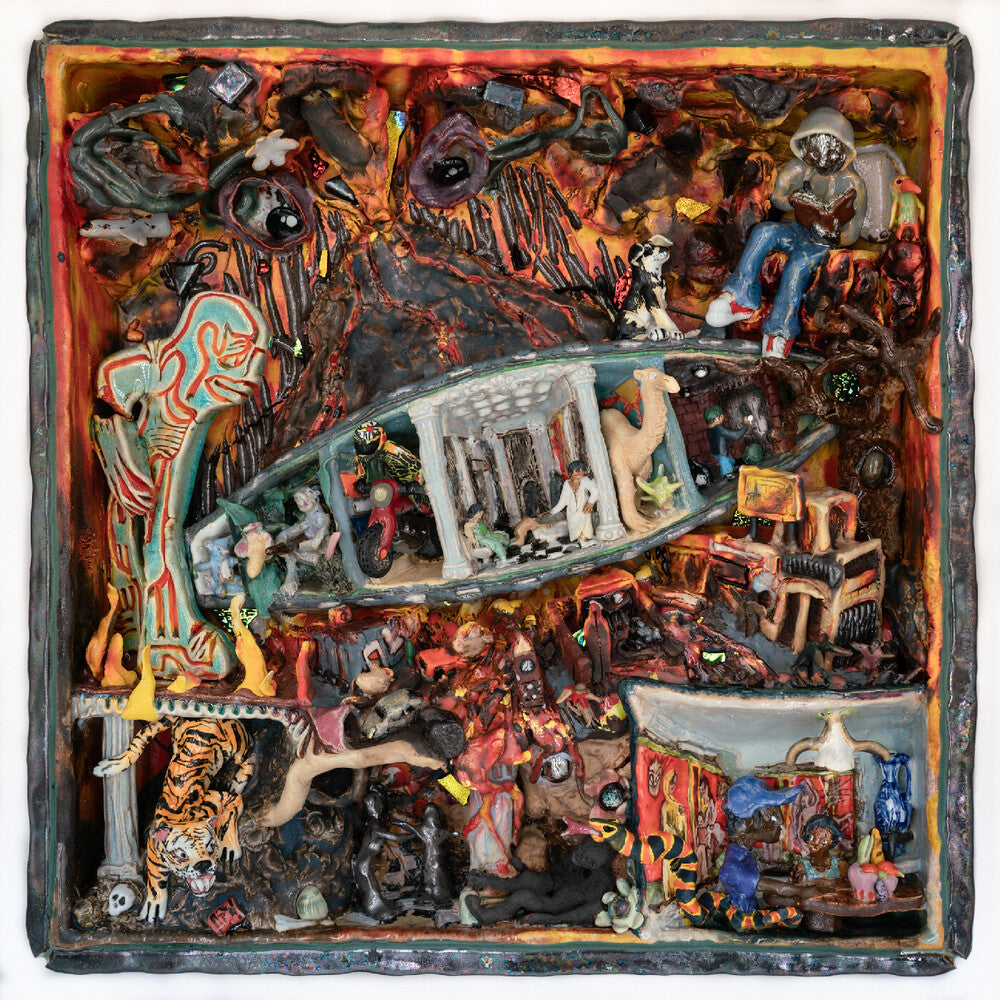 Artistic depiction of a scene with various figures and elements, possibly a diorama or sculpture.