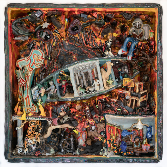 Artistic depiction of a scene with various figures and elements, possibly a diorama or sculpture.
