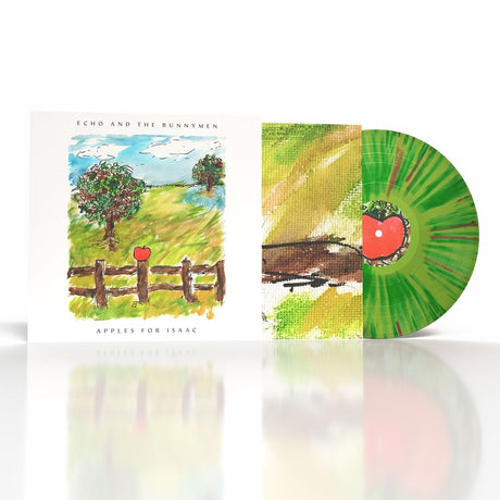 Vinyl record album cover and partially slid-out disc for Echo and the Bunnymen's 'Apples for Isaac', featuring a colorful painted landscape with a red apple and green marbled record design.
