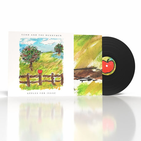 Vinyl record album shown with its illustrated outer cover and inner sleeve. The artwork depicts a pastoral landscape with trees, a fence, and a red apple, and the black record has a matching red-and-green apple label.