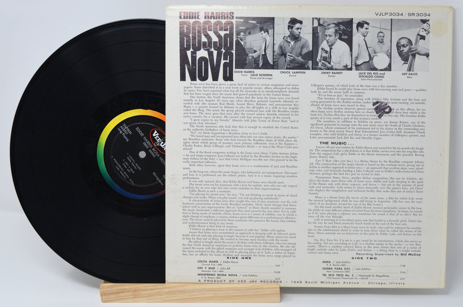 Back cover of Eddie Harris Bossa Nova LP showing tracklist, liner notes, and band member photos