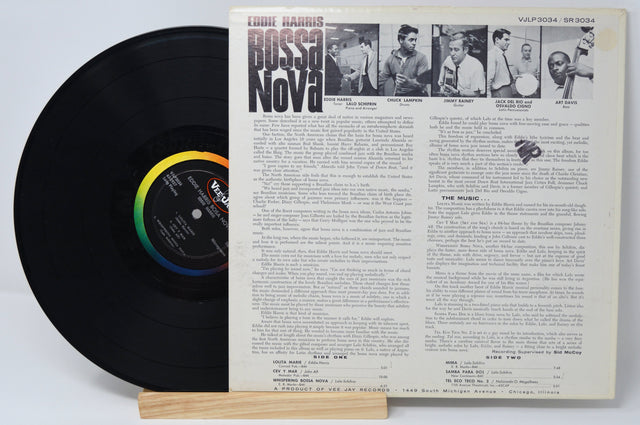 Back cover of Eddie Harris Bossa Nova LP showing tracklist, liner notes, and band member photos