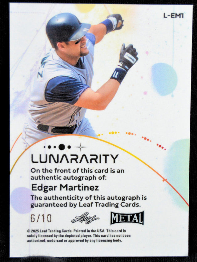 Back of Edgar Martinez 2025 Leaf Metal Lunararity autographed card, showing authenticity details