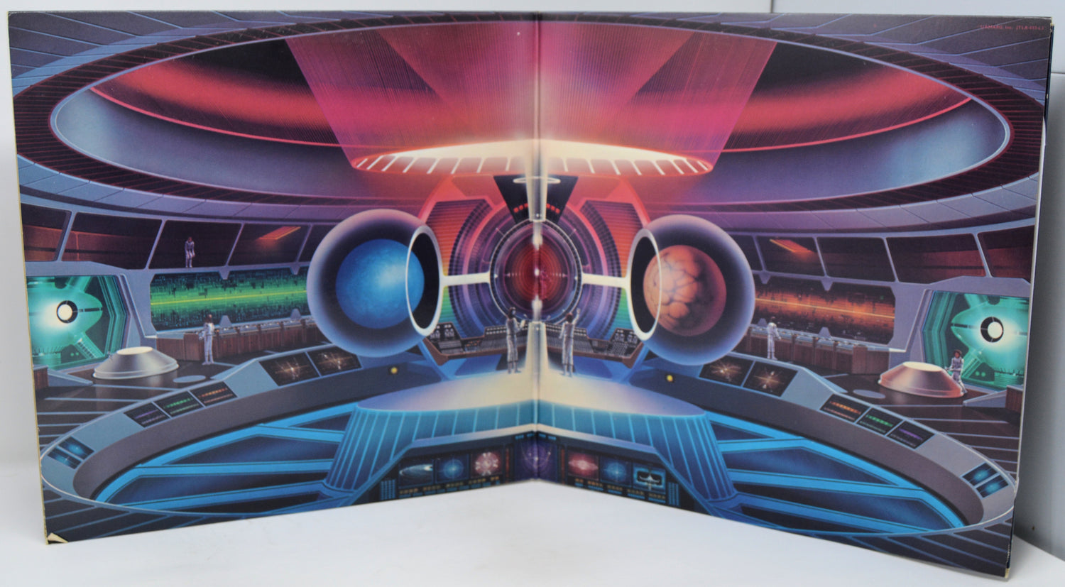 Futuristic spaceship interior illustration with a person inside, set against a white background.