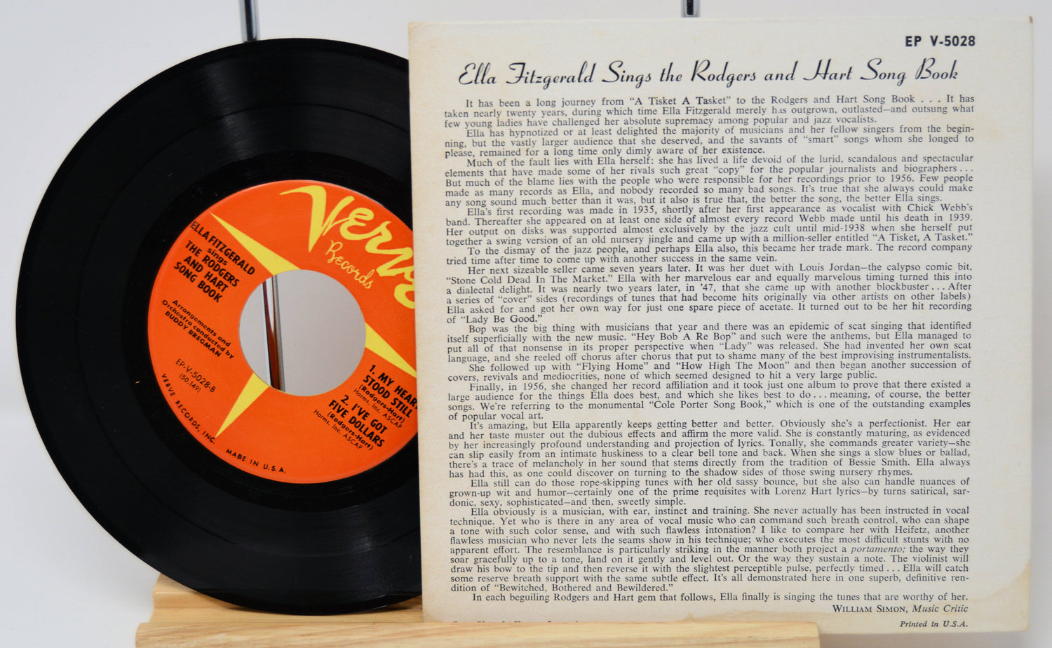 Back cover and vinyl disc of Ella Fitzgerald Sings the Rodgers and Hart Song Book EP featuring liner notes