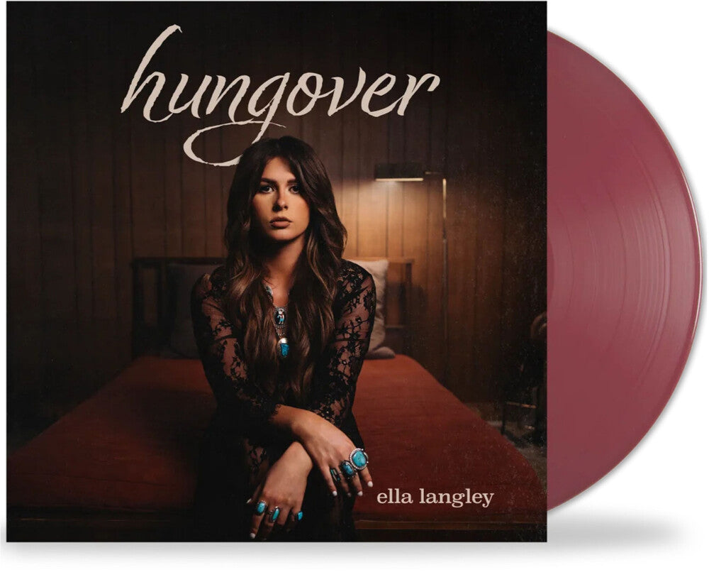 Ella Langley 'Hungover' vinyl record album cover with a dark wood background, a seated woman in a black lace top, and a translucent dusty rose record partially visible behind the sleeve.
