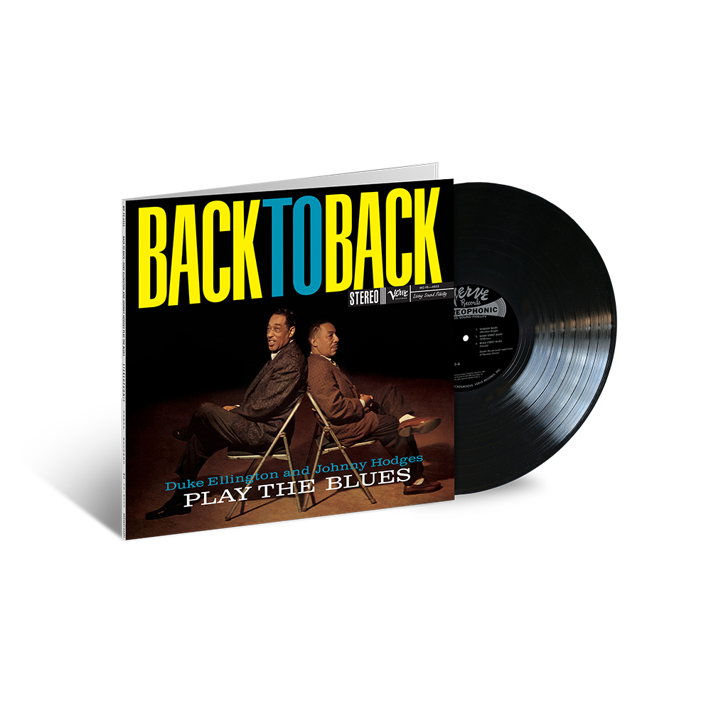 A vinyl record titled 'BACK TO BACK' featuring images of Duke Ellington and Johnny Hodges, with a background of a blues band.