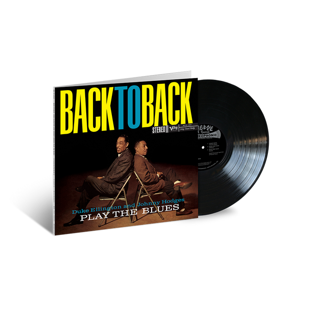 A vinyl record titled 'BACK TO BACK' featuring images of Duke Ellington and Johnny Hodges, with a background of a blues band.
