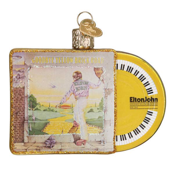 Front view of Elton John 'Goodbye Yellow Brick Road' ornament featuring album art and record