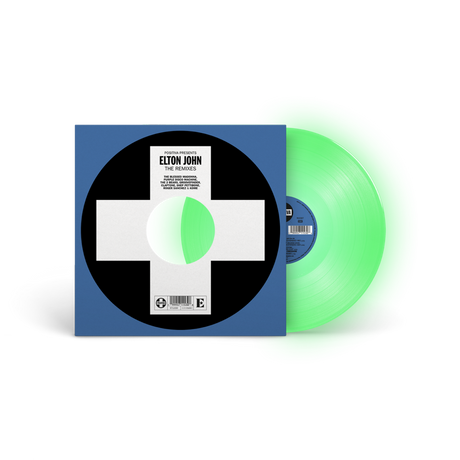 Vinyl record with green disc and blue cover featuring Elton John branding.