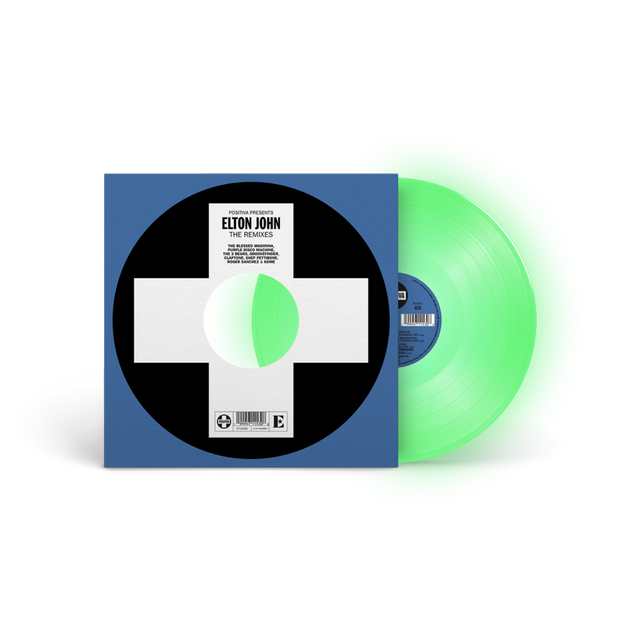 Vinyl record with green disc and blue cover featuring Elton John branding.