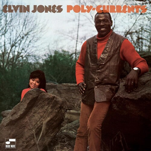 Album cover with two people sitting on rocks in a natural setting, featuring the text 'Elvin Jones Poly-Currents' and Blue Note logo.