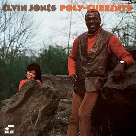 Album cover with two people sitting on rocks in a natural setting, featuring the text 'Elvin Jones Poly-Currents' and Blue Note logo.