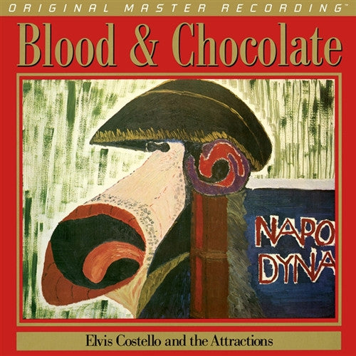Album cover for 'Blood & Chocolate' by Elvis Costello and the Attractions with a stylized illustration of a figure wearing a hat.