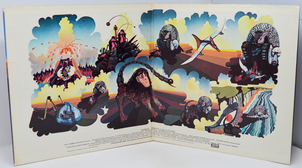 Colorful album cover with artistic illustrations of people and animals against a sunset sky.
