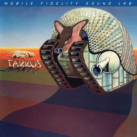 Album cover art for Tarkus Mobile Fidelity Sound Lab, featuring a stylized armored animal head with mechanical details against a blue and orange striped background.