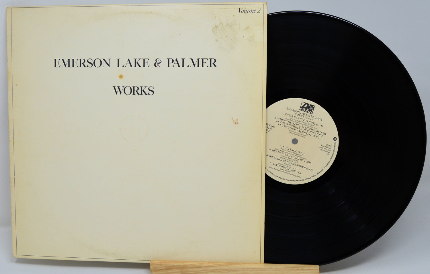 Vinyl record and cover for 'Works' by Emerson Lake & Palmer on a light gray background
