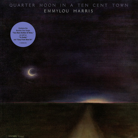 Album cover with a stylized moon and road leading into the distance, featuring text about Emmylou Harris' music.