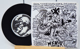 Vinyl record with a black and white cover featuring graphic designs and text.