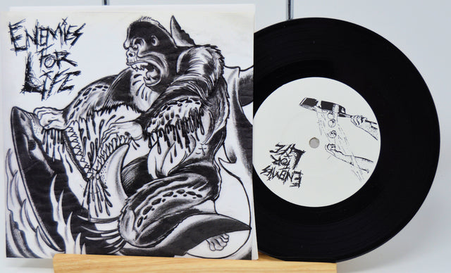 Vinyl record with a black and white illustration on the cover