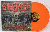 Front cover of Energy Invasions of the Mind orange vinyl featuring horror comic artwork
