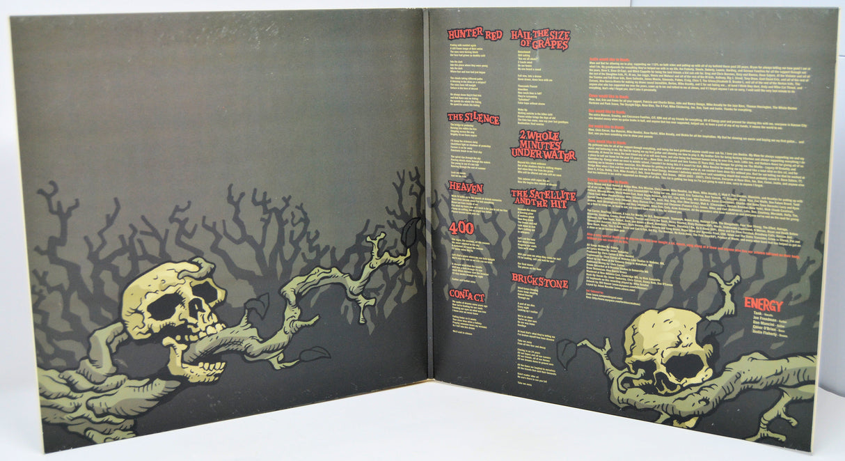 Inner gatefold of Energy Invasions of the Mind vinyl with lyrics and skull artwork