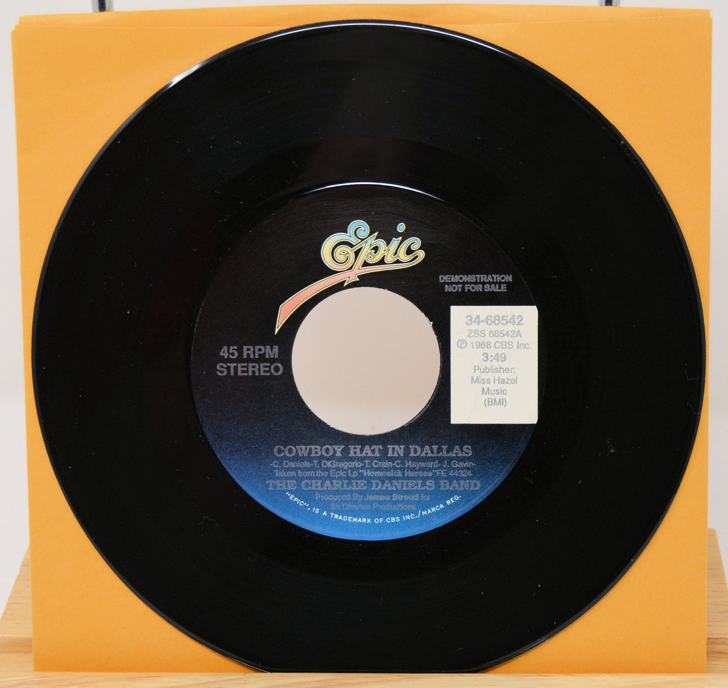 Vintage Epic 45 RPM Cowboy Hat in Dallas vinyl single by The Charlie Daniels Band demonstration copy