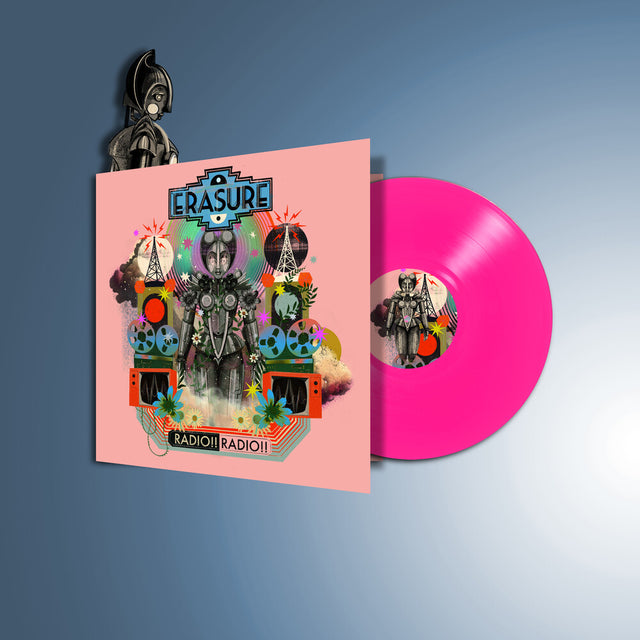 Erasure - Radio! (Vinyl Single) featuring a hot pink vinyl record partially pulled from its illustrated pink album cover, set against a blue gradient background.