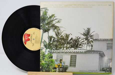 Vinyl record with a cover featuring a house and palm trees