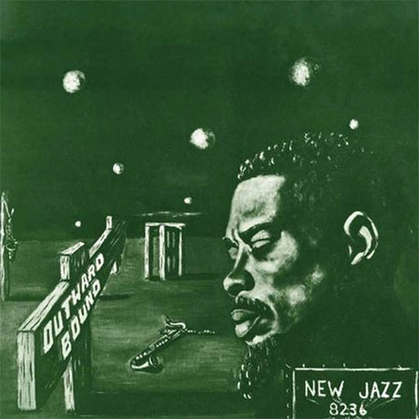 Album cover with a stylized portrait of a man, a saxophone, and text on a dark background