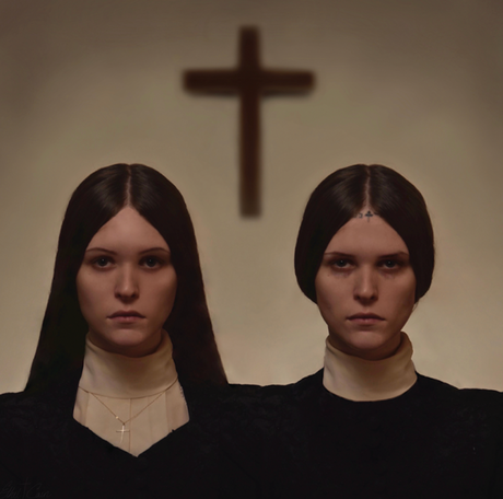 Vinyl record cover of Ethel Cain's 'Inbred' with two picture of her in nun and priest outfits with a cross on a beige wall.