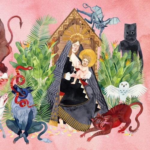 Surreal Madonna and Child surrounded by colorful mythical creatures in whimsical watercolor style