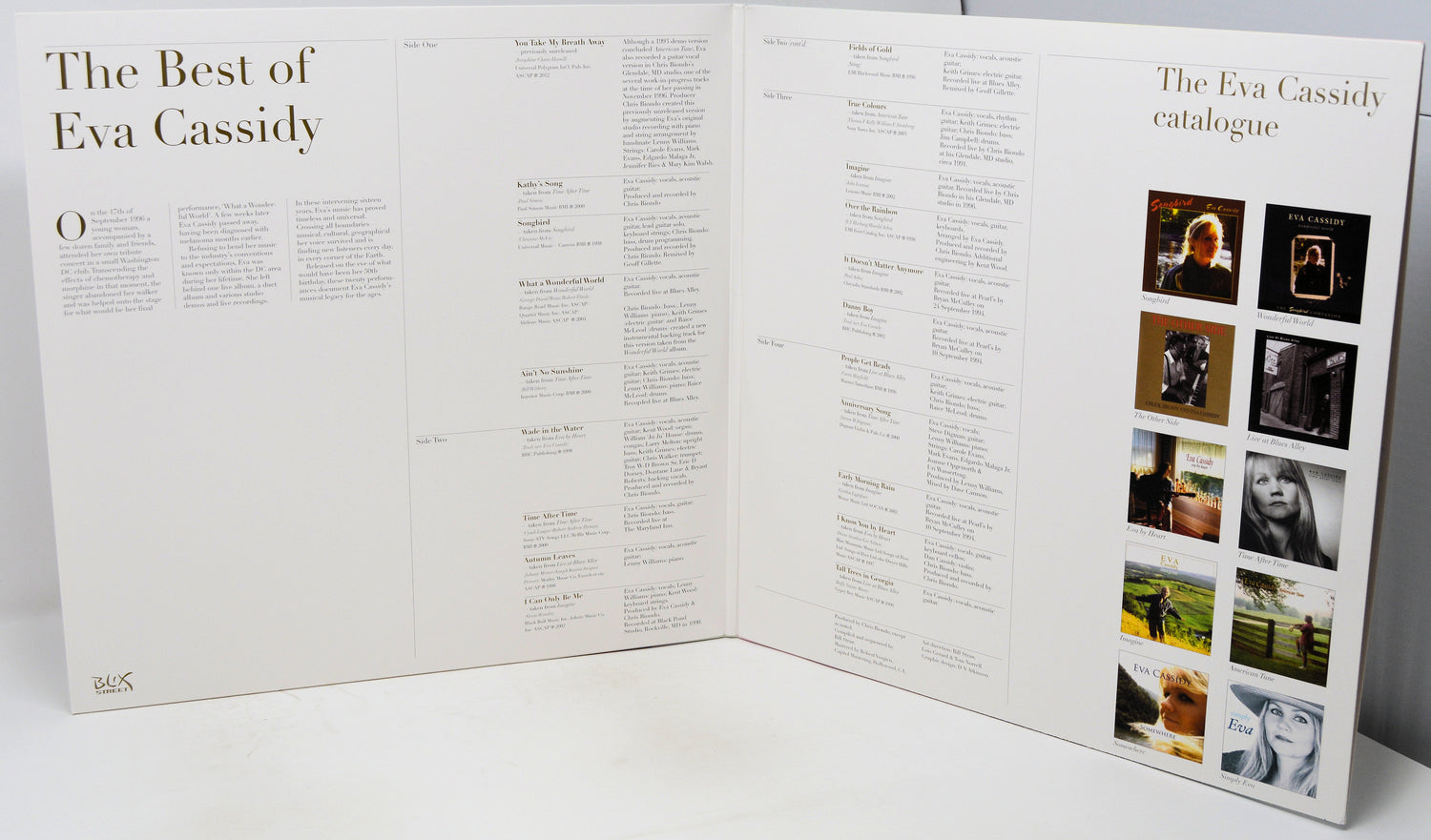 An open printed book or magazine titled 'The Best of Eva Cassidy' and 'The Eva Cassidy catalogue' shown on a white surface. The pages are mostly white with black text and a column of small album-cover thumbnails on the right side.