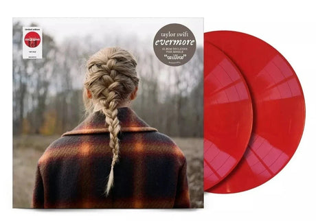 Taylor Swift Evermore album cover and two red vinyl records, limited edition release