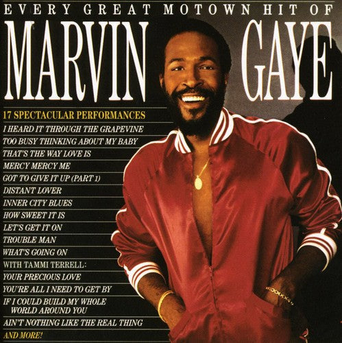 Album cover of 'Every Great Motown Hit of Marvin Gaye' featuring Marvin Gaye in a red jacket