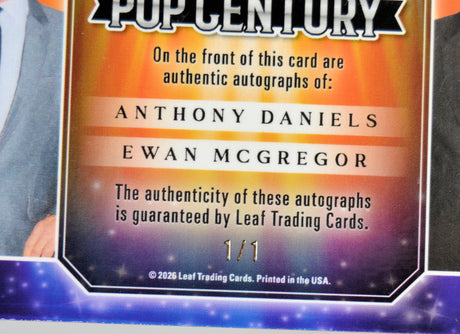 Trading card with autographs of Anthony Daniels and Ewan McGregor, featuring Leaf Trading Cards branding.