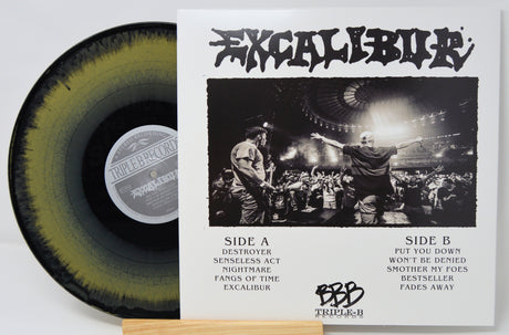Excalibur vinyl record with black and yellow splatter, album tracklist and live concert photo on Triple-B Records cover