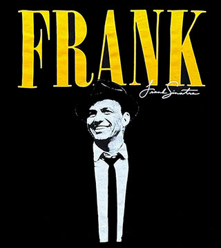 Black and gold FRANK poster with a smiling man in a fedora hat and bold yellow text