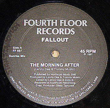 Close-up of Fallout – The Morning After 12-inch vinyl record label from Fourth Floor Records