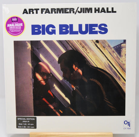 Vinyl record cover for Art Farmer and Jim Hall's 'Big Blues' special edition, featuring a white border with bold blue title text and a central photograph of the duo in a dimly lit setting.