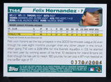 Backside of Felix Hernandez 2004 Topps rookie card showing minor league pitching record and player bio