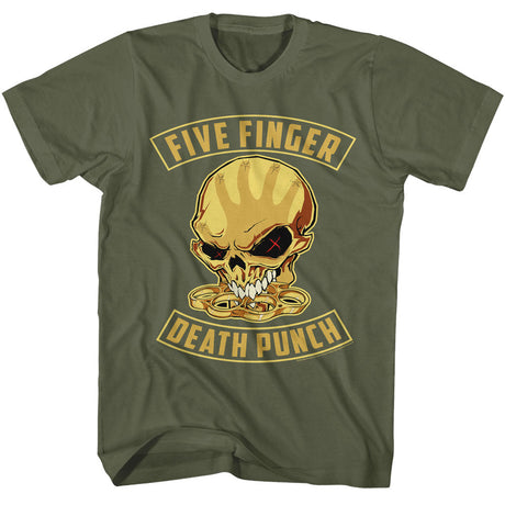 Olive green Five Finger Death Punch t-shirt with fierce yellow skull and brass knuckles graphic