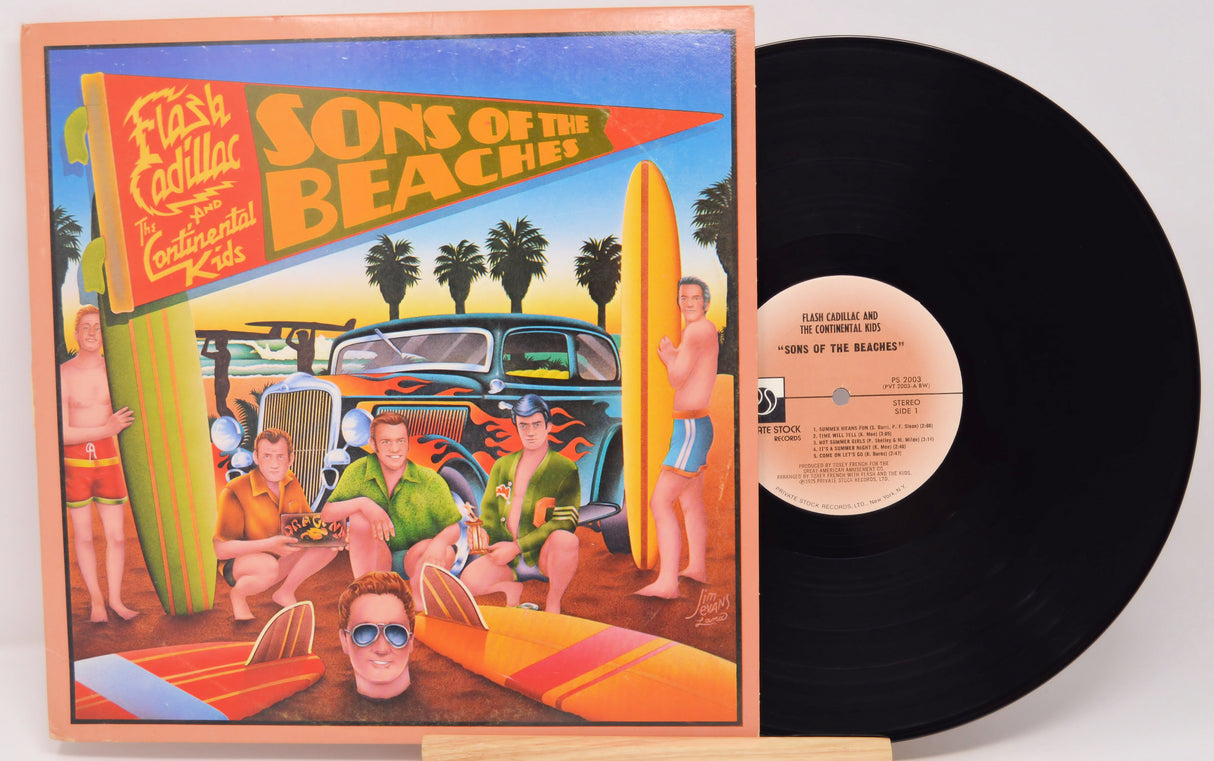 Vinyl record with colorful cover featuring a beach scene and text 'Sons of the Beach'.