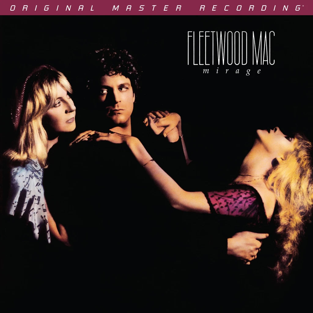 Album cover for Fleetwood Mac's 'Mirage', featuring a dramatic black-and-warm-light portrait of the band members with the title text at the top.