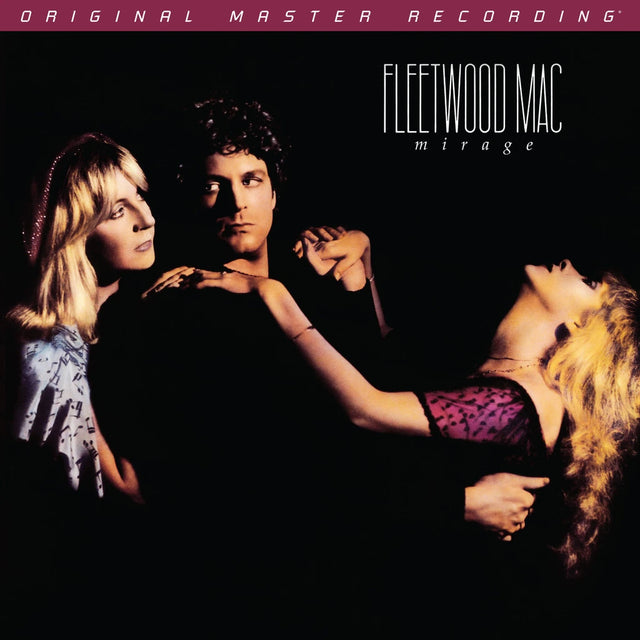 Album cover for Fleetwood Mac's 'Mirage', featuring a dramatic black-and-warm-light portrait of the band members with the title text at the top.