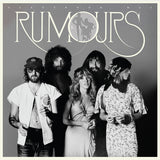 Black and white album cover featuring members of Fleetwood Mac, with the album title 'Rumours' prominently displayed.