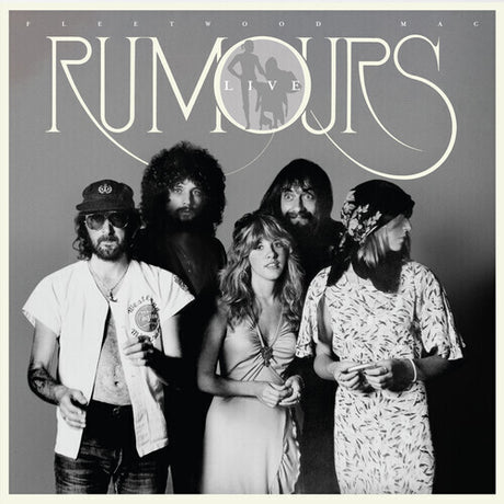 Black and white album cover featuring members of Fleetwood Mac, with the album title 'Rumours' prominently displayed.