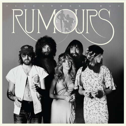 Black and white album cover featuring members of Fleetwood Mac, with the album title 'Rumours' prominently displayed.