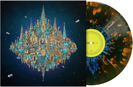 Fantasy city floating in space on record cover with a colorful splatter vinyl partially displayed